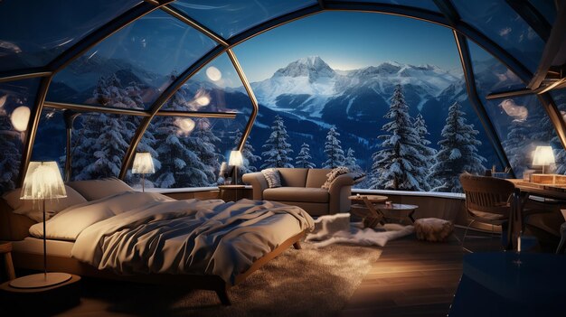 Des vacances d'hiver dans un hôtel en igloo en verre avec une vue magnifique sur les montagnes, la forêt et les étoiles.