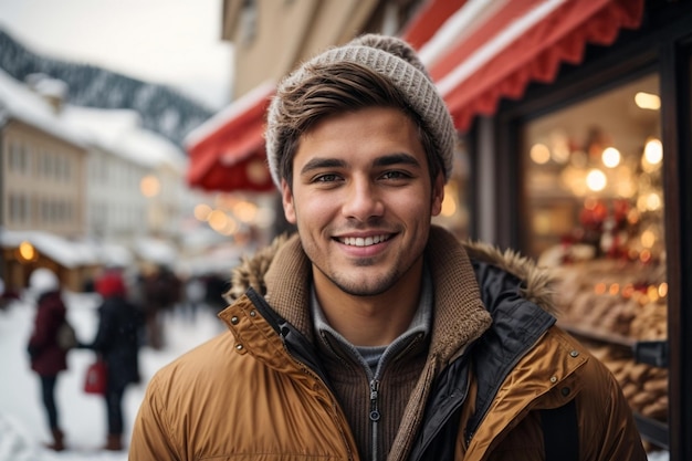 Photo les vacances l'hiver et les jeunes concept sourire vieil homme dans des vêtements chauds sur la montagne enneigée