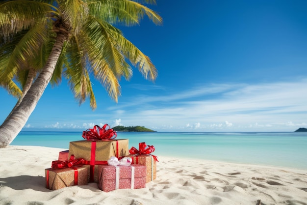 Vacances de Noël vacances de fête cadeaux et cadeaux sur une plage tropicale voyages saisonniers