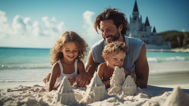 Des vacances passionnantes et heureuses en famille sur la plage, une famille avec des enfants profitant du soleil, du sable et