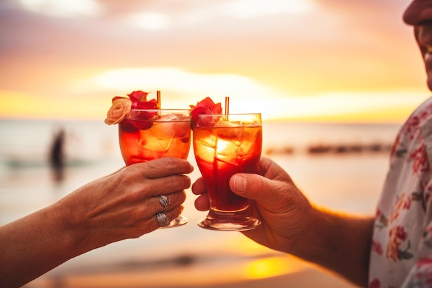 Vacances à la plage entre les mains d'un couple de personnes âgées avec des cocktails