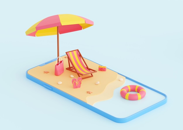 Vacances à la plage d'été rendu 3d scène de dessin animé de vacances d'été au bord de la mer sur un rivage sablonneux sur l'écran du smartphone