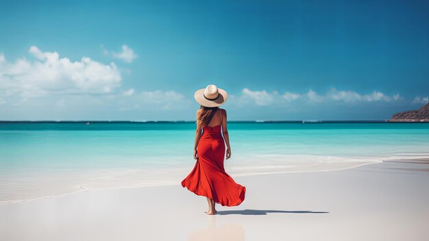 Vacances de plage de luxe femme touriste élégante marchant relaxante en maillot de plage rouge et chapeau de soleil sur le sable blanc plage des Caraïbes femme touriste en station de vacances