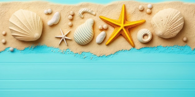Vacances relaxantes à la plage avec étoiles de mer et coquillages sur bois bleu pastel