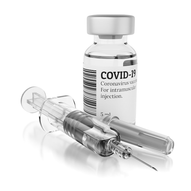 Vaccin contre la COVID-19 dans un flacon de verre isolé sur un rendu 3D blanc