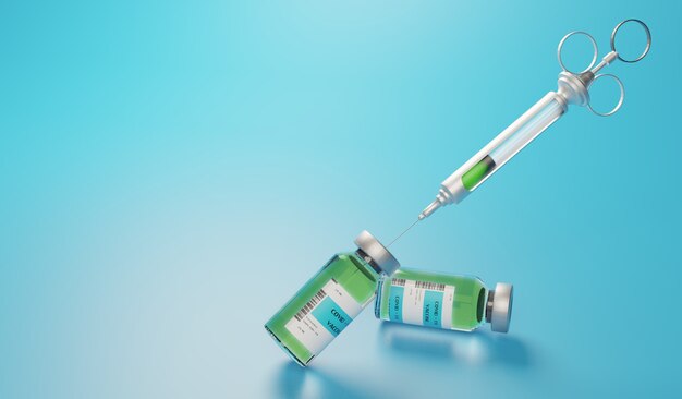 Vaccin COVID 19 sur fond bleu, rendu d'illustrations 3D