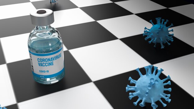 Photo le vaccin et le virus sur l'échiquier pour le rendu 3d du concept médical ou scientifique