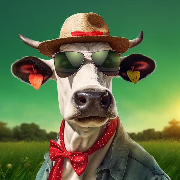 Vache amusante portant des lunettes de soleil et un chapeau rouge debout devant un fond de champ vert AI générative