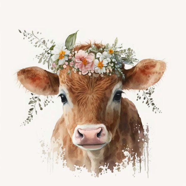 Vache aquarelle avec des fleurs sur fond blanc