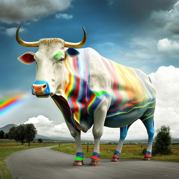 Photo une vache avec un arc-en-ciel sur le visage marche sur une route.