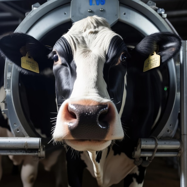 Une vache au nez noir et au visage blanc se tient debout dans une machine