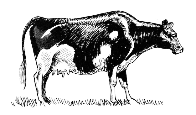 Vache au pâturage. Dessin noir et blanc à l'encre