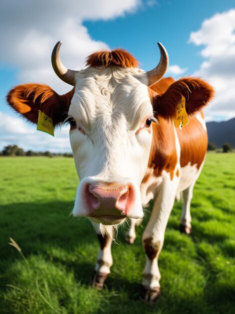 Une vache australienne mangeant de l'herbe sur le champ vert.