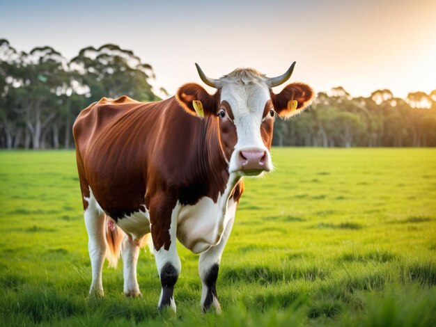 Une vache australienne mangeant de l'herbe sur le champ vert.