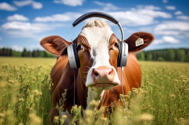 Photo une vache aux écouteurs trouve l'harmonie dans les pâturages mélodiques