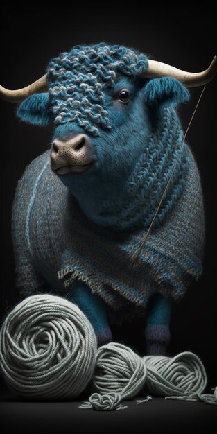 Une vache bleue avec un pull qui dit laine dessus