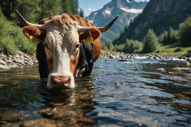 Photo une vache boit de l'eau d'un ruisseau avec des montagnes en arrière-plan