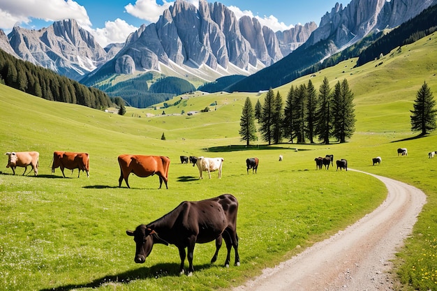 Vache broutant dans une prairie alpine AI générative