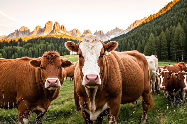 Vache broutant dans une prairie alpine AI générative