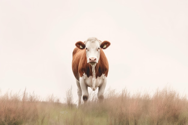 une vache brune et blanche debout au sommet d'un champ couvert d'herbe
