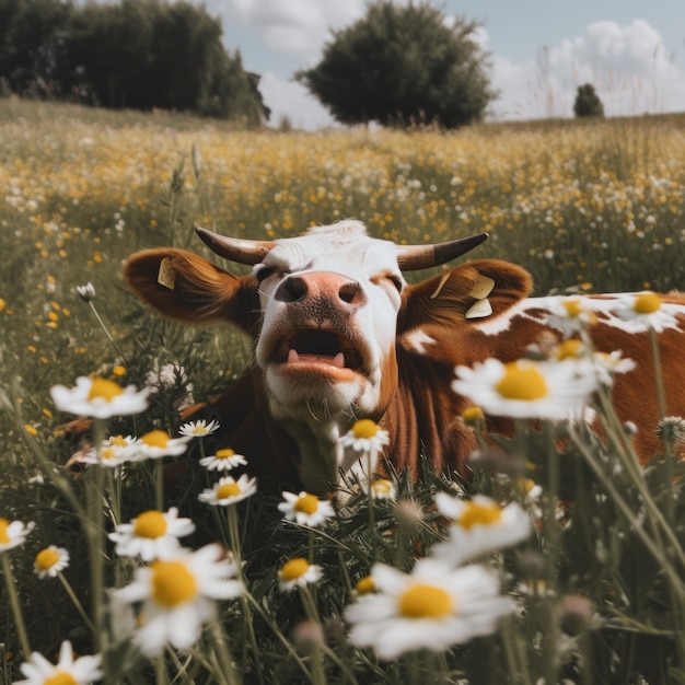 Photo une vache brune et blanche debout dans un champ de fleurs image ai générative