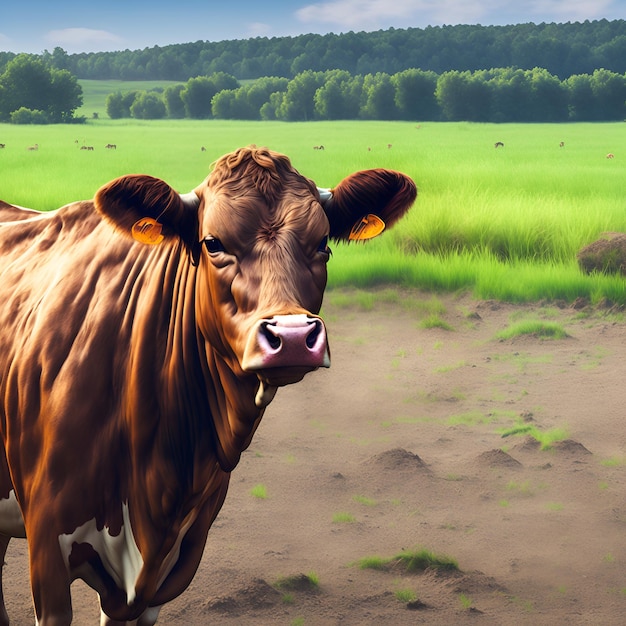 Une vache brune et blanche avec un nez rose se tient dans un champ.