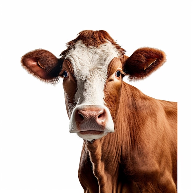 Une vache brune et blanche avec un visage blanc et une bande blanche sur le visage.