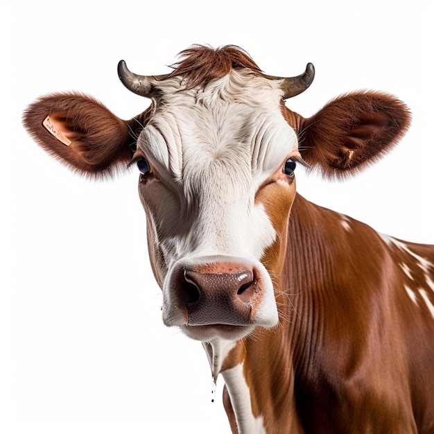 Une vache brune et blanche avec un visage blanc et une fourrure brune.