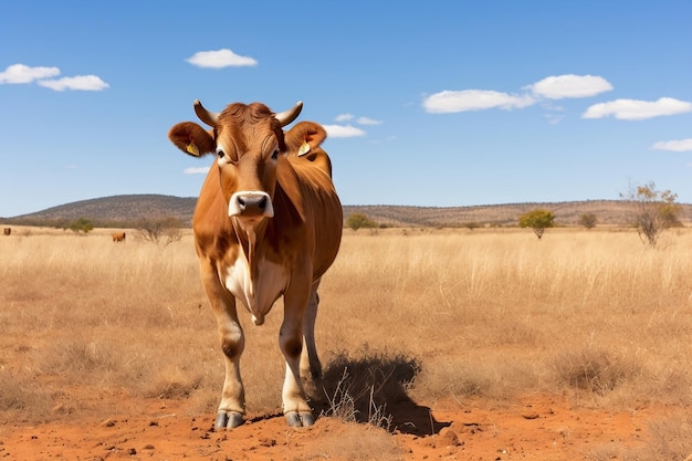 Une vache brune dans un champ aride debout IA générative