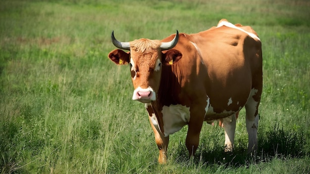 La vache brune dans le champ d'herbe verte