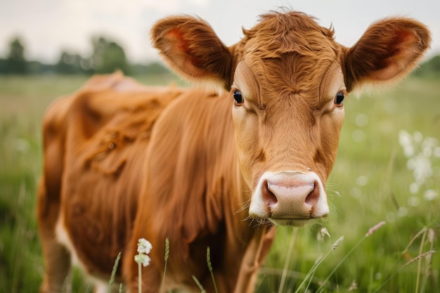 Photo une vache brune debout au sommet d'un champ vert luxuriant