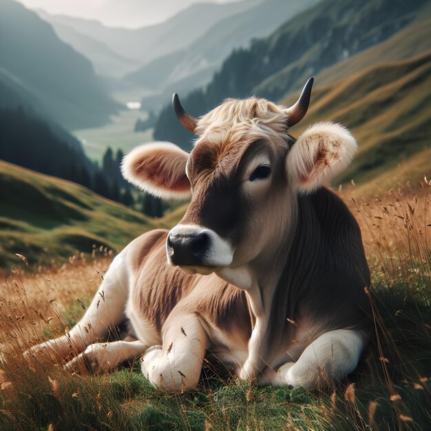 Une vache brune se repose paisiblement sur une prairie luxuriante des Alpes par une journée ensoleillée