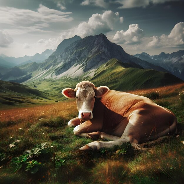 Une vache brune se repose paisiblement sur une prairie luxuriante des Alpes par une journée ensoleillée