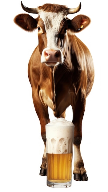 une vache buvant avec une paille d'un milk-shake.
