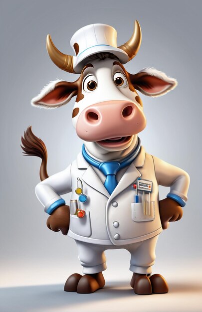 Photo vache caricaturale anthropomorphique portant des vêtements de chimie avec des outils chimiques