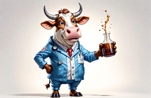 vache caricaturale anthropomorphique portant des vêtements de chimie avec des outils chimiques