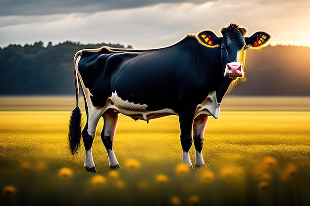 Une vache sur un champ avec des fleurs