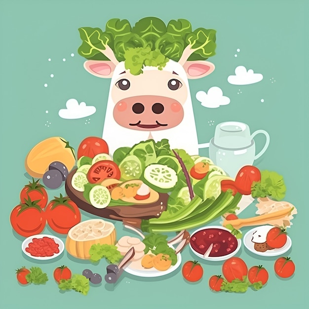 Une vache avec un chapeau vert est entourée de divers aliments.