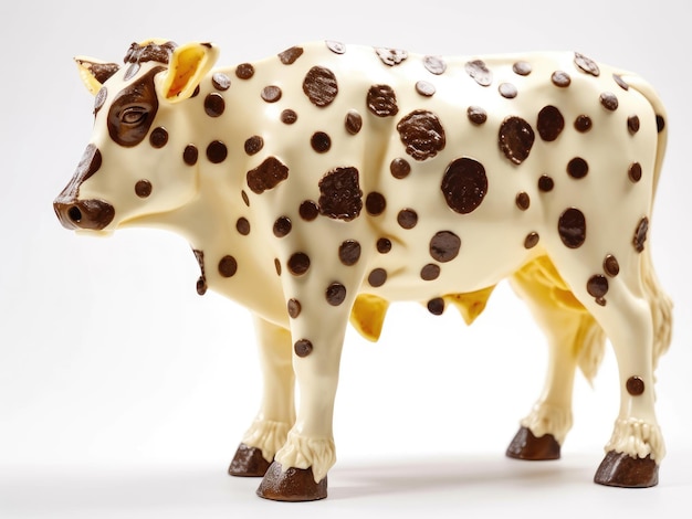 Vache en chocolat blanc avec des taches brunes en chocolat noir