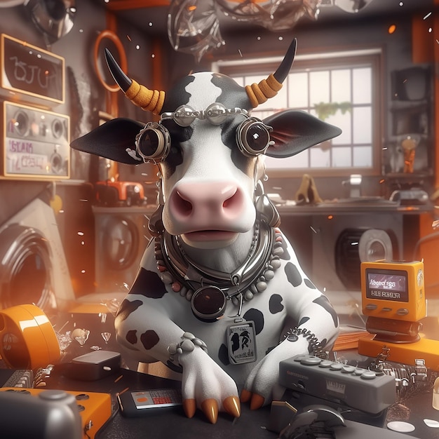 Une vache avec un collier et des lunettes est assise sur une table avec une manette de jeu.