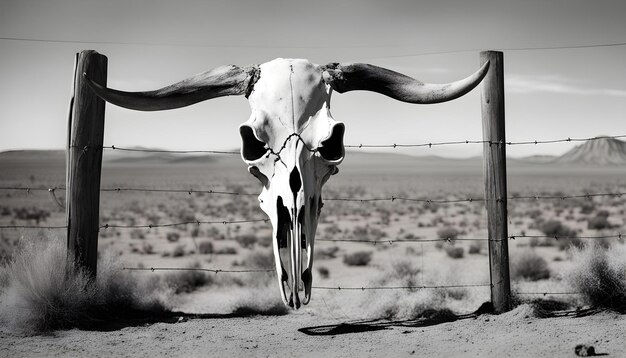 Photo une vache avec des cornes est penchée sur une clôture de fil de fer barbelé