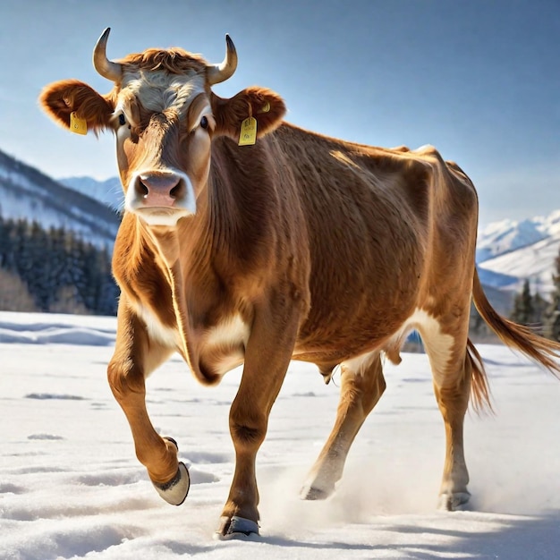 Vache courant sur la piste de fond nature désertique faune et neige