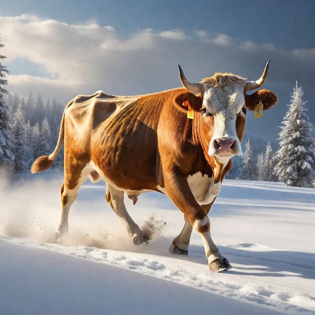 Vache courant sur la piste de fond nature désertique faune et neige