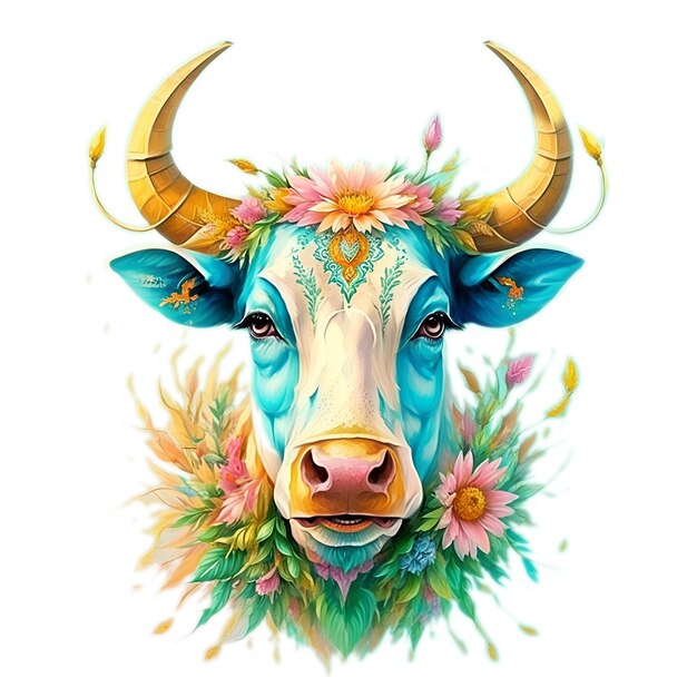 Une vache avec une couronne de fleurs dessus