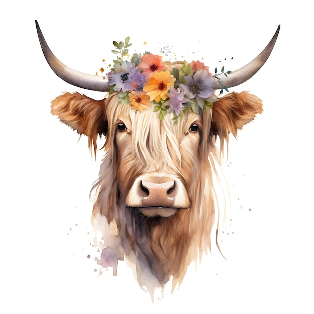 Une vache avec une couronne de fleurs sur la tête