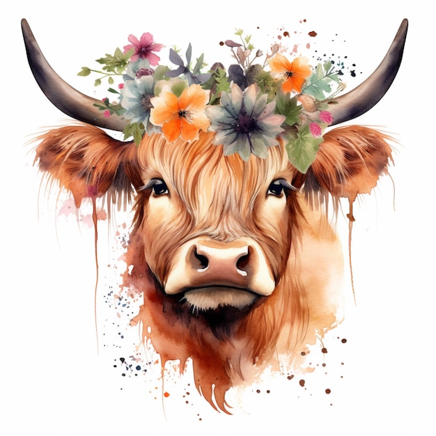 Une vache avec une couronne de fleurs sur la tête