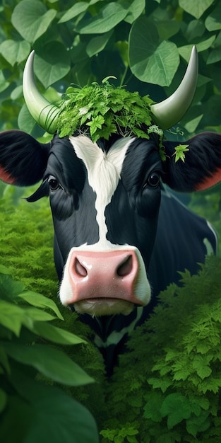 Une vache avec une couronne verte sur la tête