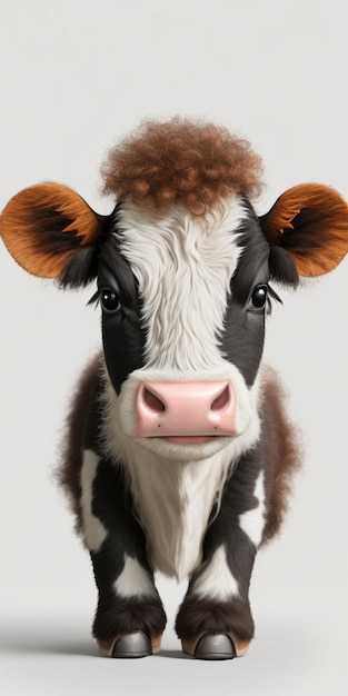 Une vache avec une crinière rose et des yeux bruns regarde la caméra.