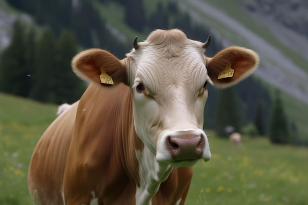 Vache dans les Alpes portant une petite cloche debout sur une prairie de montagne verdoyante