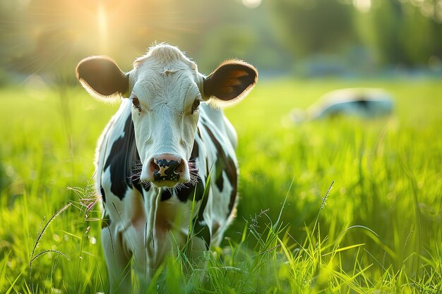 Une vache dans un champ ensoleillé représentant l'élevage laitier